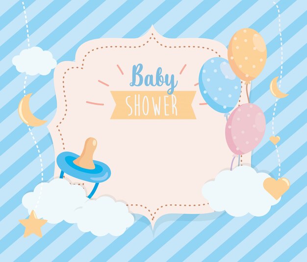 Label van fopspeen met ballonnen en wolken decoratie