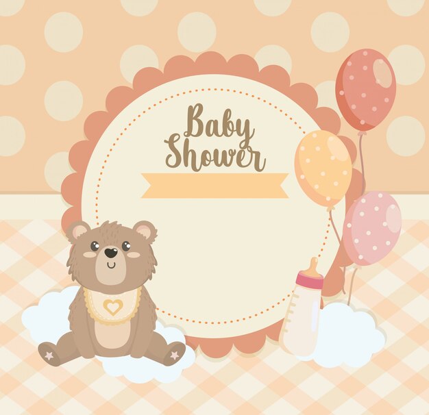 Label van teddybeer met ballonnen en zuigfles