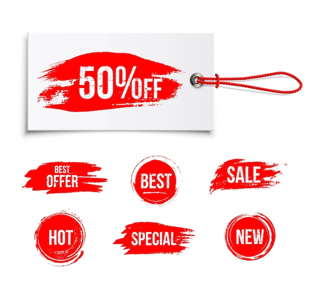 Gratis vector labellabel met kortingsaanbieding met percentageteken verkoop beste aanbieding hot special nieuwe berichten op rode rubberen stempels set