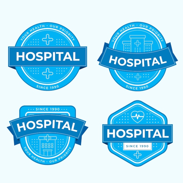 Gratis vector labels voor ziekenhuisfaciliteiten met plat ontwerp