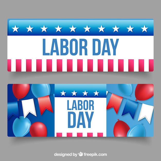 Labour day's banners met amerikaanse kleuren en ballonnen