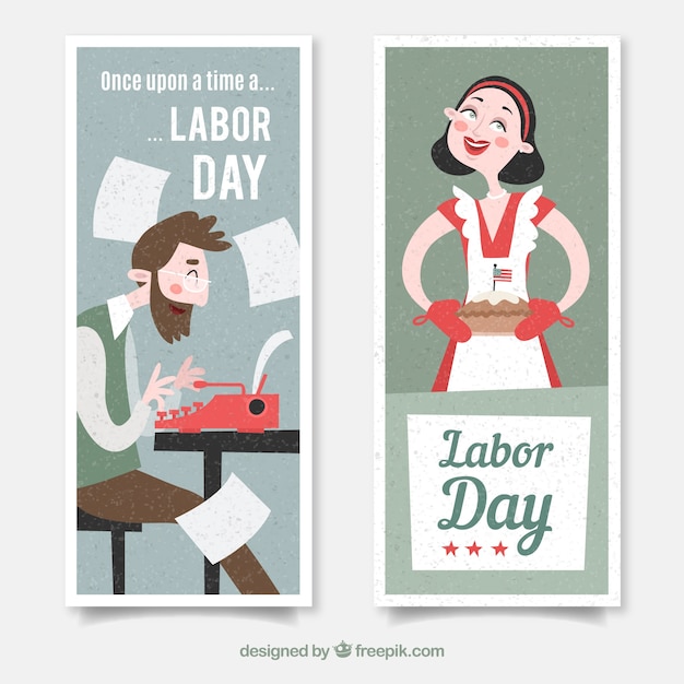 Gratis vector labour day's banners met schrijver en huisvrouw met plat ontwerp