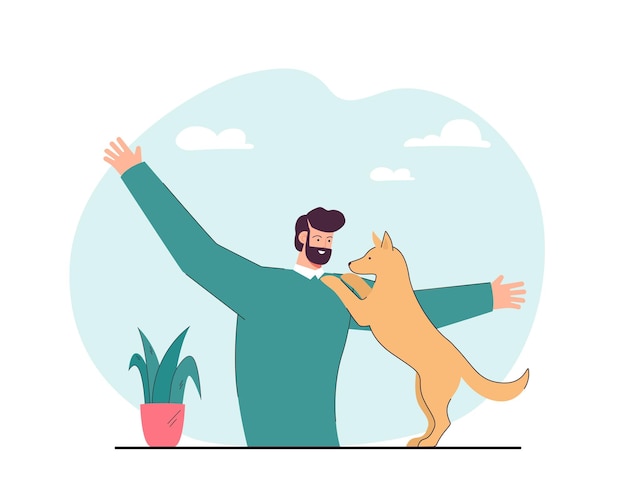 Lachende hondenbezitter spelen met schattige puppy. Schattig huisdier knuffelen man platte vectorillustratie. Huisdieren, liefde, zorgconcept voor banner, websiteontwerp of bestemmingswebpagina