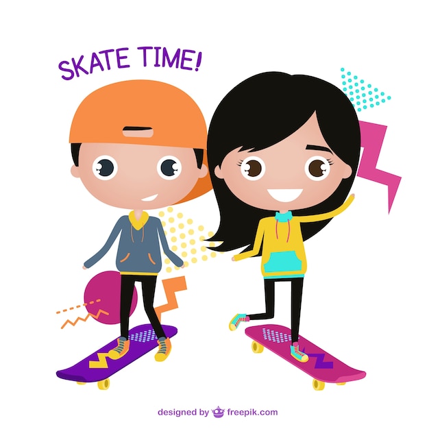 Gratis vector lachende kinderen met hun skateboards