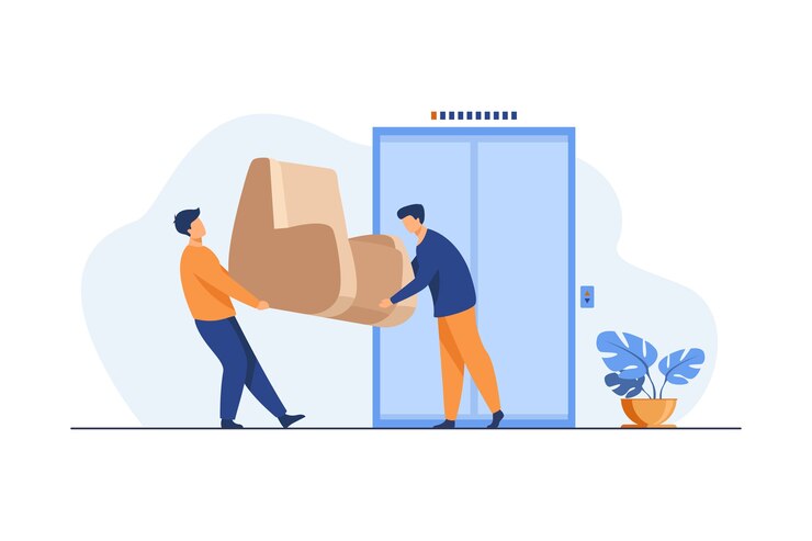 Gratis Vector laders die meubels dragen tijdens het verplaatsen. twee mannen met fauteuil bij lift vlakke afbeelding.