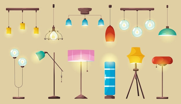 Gratis vector lampen, gloeiende elektrische lampen op het plafond en op de vloer, gloeilampen voor moderne kroonluchters, fakkels in verschillende vormen en ontwerpen. geïsoleerde interieur licht apparatuur cartoon vectorillustratie, set