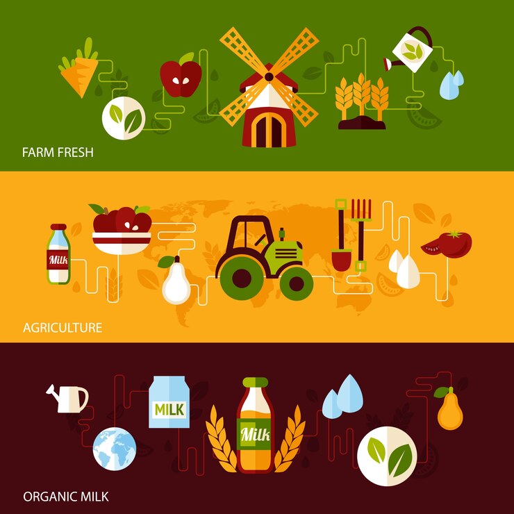 Gratis Vector landbouw boerderij verse natuurlijke producten biologisch voedsel en melk plat banner set geïsoleerde vector illustratie