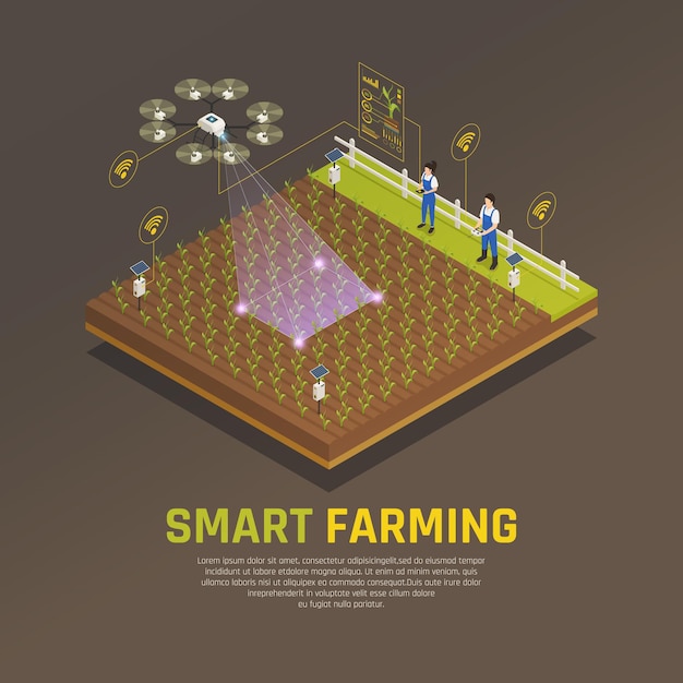 Gratis vector landbouwautomatisering slimme landbouwsamenstelling met bewerkbare tekst en weergave van veldteelt met moderne technologieën