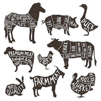 Landbouwhuisdieren silhouet typografie