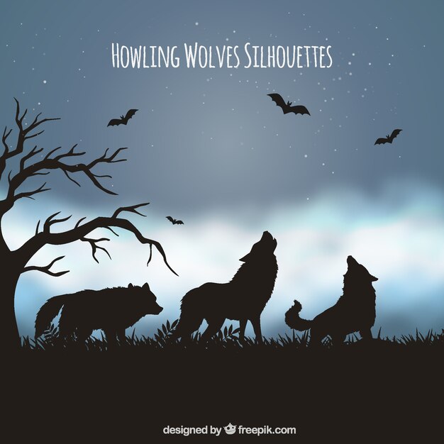 Landschap achtergrond met silhouet van wolven en vleermuizen