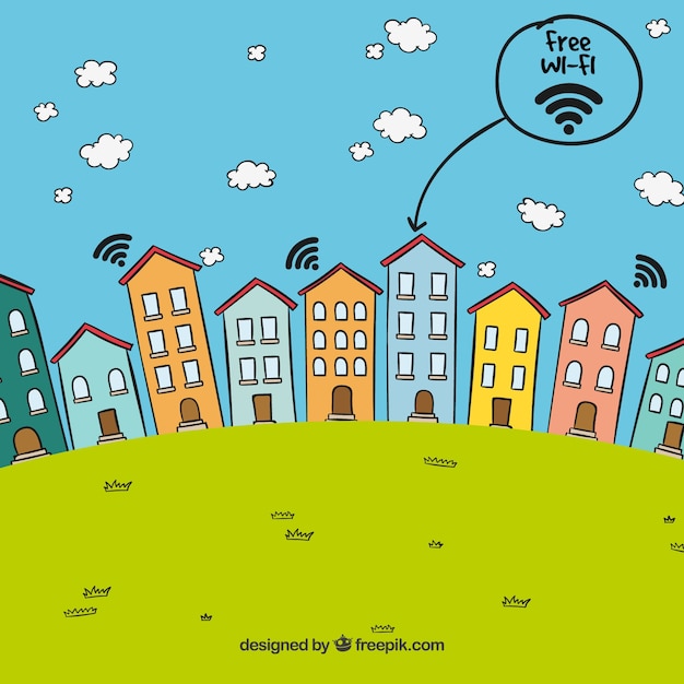 Gratis vector landschap achtergrond van huizen met gratis wifi