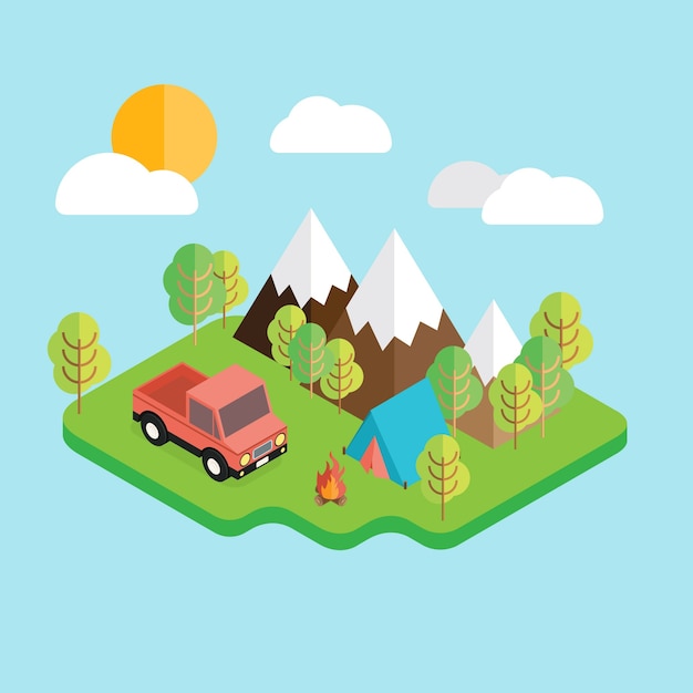 Gratis vector landschap met een retro bestelwagen