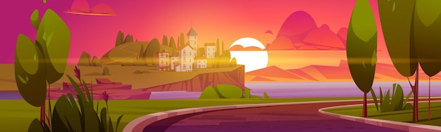 Gratis vector landschap met zee mediterrane stad bij zonsondergang