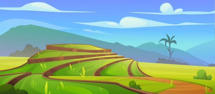 Gratis Vector landschap van aziatische rijstvelden