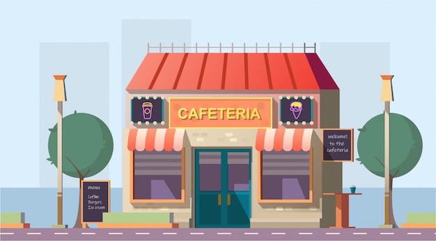 Gratis vector langs de weg cafetaria of café gebouw met menu