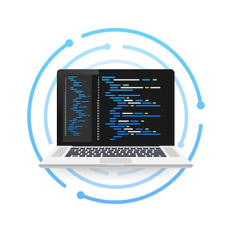 Laptop codering concept. webontwikkelaar, programmeren. code voor laptopscherm. illustratie.