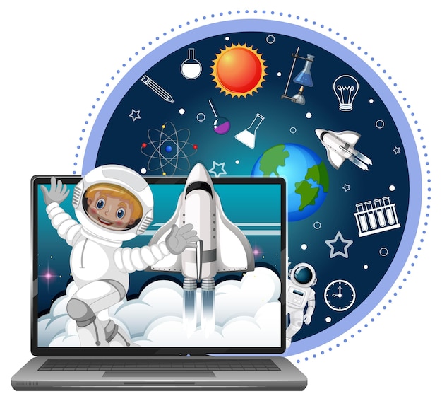 Laptop met astronaut- en ruimtepictogrammen