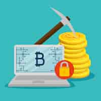 Gratis vector laptop met bitcoin elektronische valuta en munten