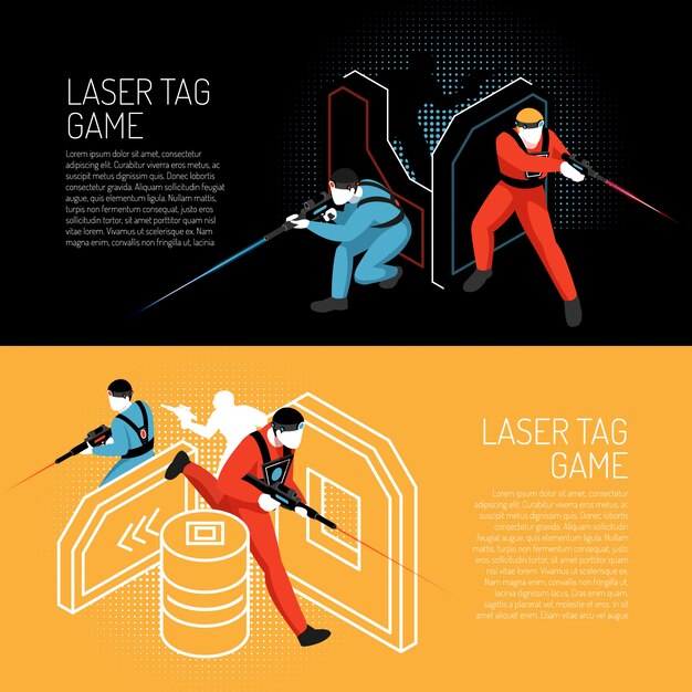 Lasergame multiplayer teamspel isometrische horizontale kleurrijke banners met spelers in actie vectorillustratie