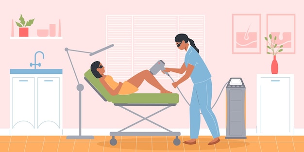 Gratis vector lasertherapie vlakke samenstelling met kliniekbinnenland en krabbelkarakter van arts en patiënt in beschermende brillen vectorillustratie