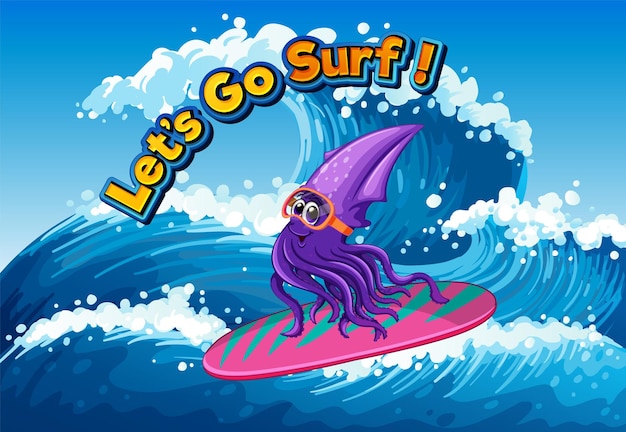 Gratis vector laten we gaan surfen met inktviscartoon