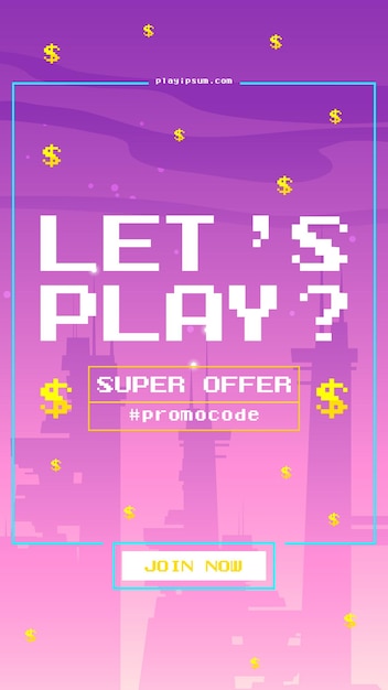 Laten we pixelart-webbanner spelen voor casino- of gokclubspellen. dollarregen valt op neon-ultraviolette futuristische stadsgebouwen. superaanbiedingspromotie, promocode, uitnodiging vector mobiele app-scherm