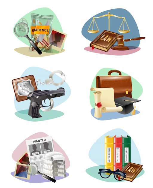 Law justice symbols attributes icons collection