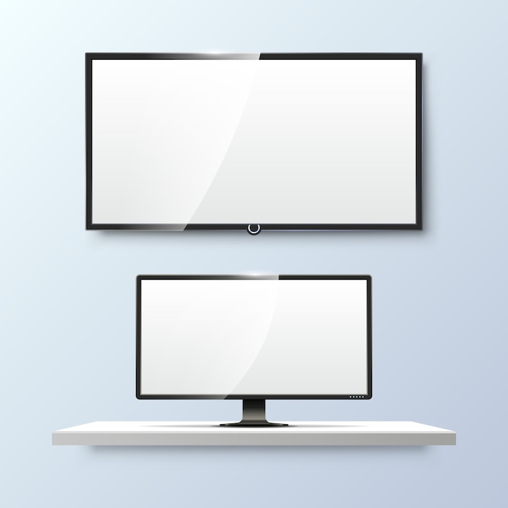 Gratis Vector lcd-monitor en leeg wit plat tv-scherm. display blanco, technologie digitale, elektronische apparatuur.