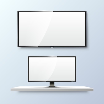 Lcd-monitor en leeg wit plat tv-scherm. display blanco, technologie digitale, elektronische apparatuur.