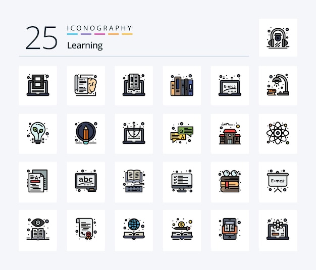 Gratis vector learning 25 line filled icon pack inclusief leerdocument leergegevens lezen