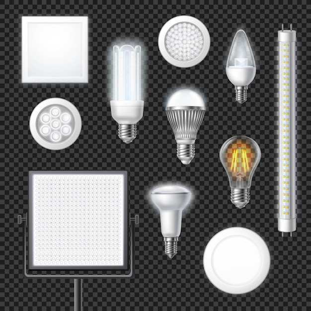 Gratis vector led lampen realistische transparante set