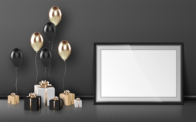 Leeg frame, ballonnen en ingepakte geschenkdozen van gouden en zwarte kleuren op grijze muur achtergrond. Verjaardag felicitatie, lege rand en cadeautjes op houten vloer in kamer, realistische 3D-vector