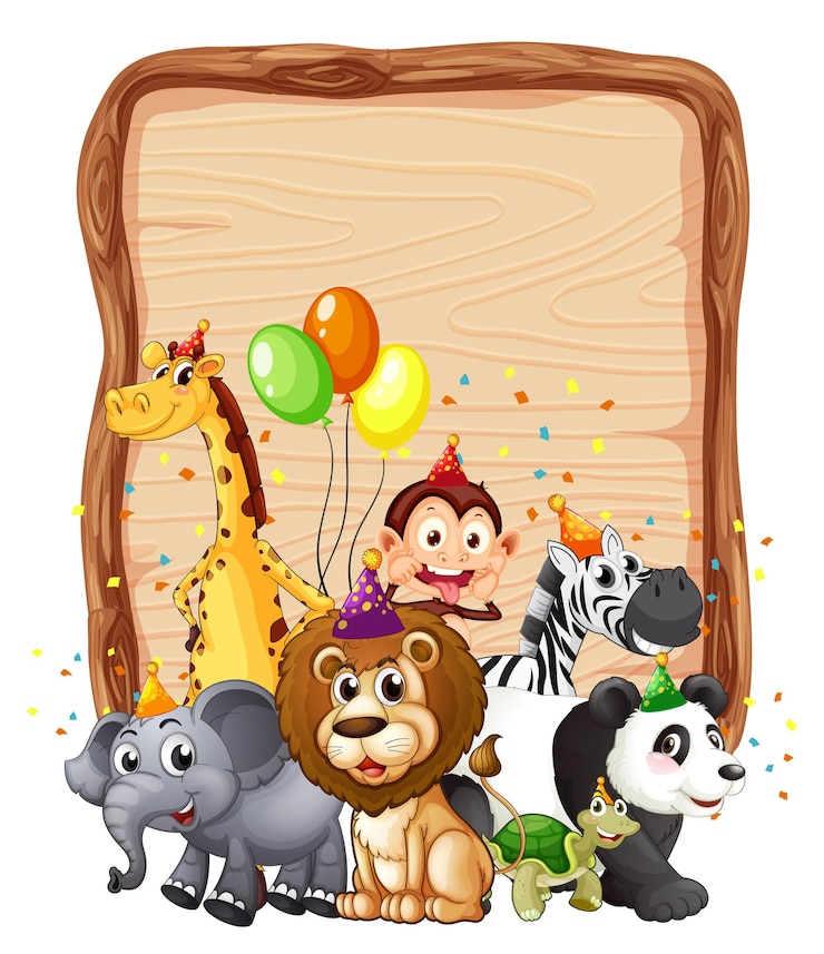 Gratis Vector leeg houten bordkader met wilde dieren in feestthema