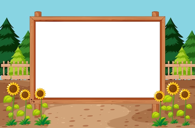 Gratis vector leeg houten frame in natuurpark met zonnebloemscène