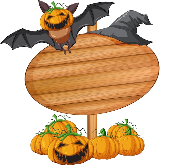 Gratis vector leeg ovaal houten bord met vleermuis in halloween-thema