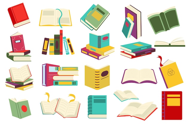 Leesboek in plat cartoonontwerp stapels boeken bij boekhandel of bibliotheek student of lezer