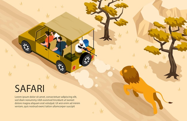 Leeuw die na safariauto en mens met kanon 3d isometrische horizontale illustratie loopt,