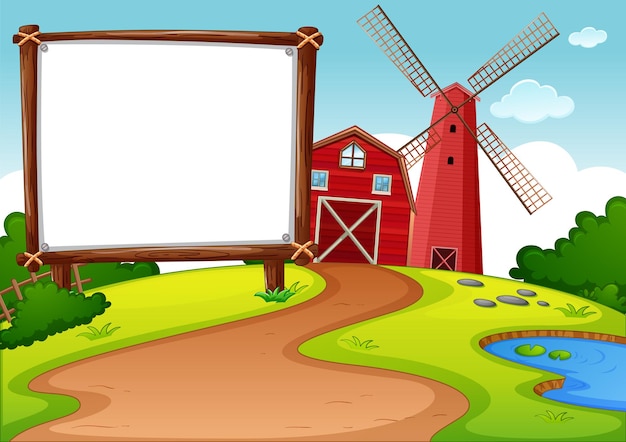 Gratis vector lege banner in boerderij met rode schuur en windmolenscène