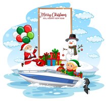 Lege banner met kerstelf die cadeaus aflevert per boot