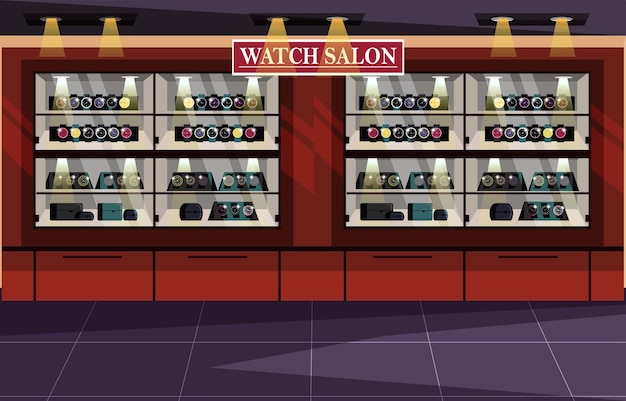 Gratis vector lege horloge salon winkel vitrines interieur stijlvolle polshorloge collectie presentatie klok assortiment elegante originele en analoge modellen