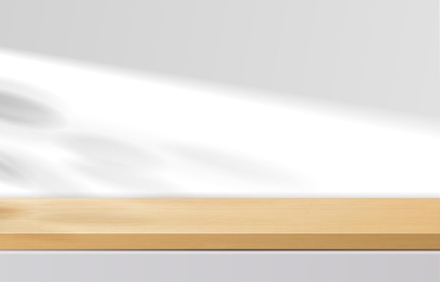 Lege minimale houten tafel, houten podium op witte achtergrond met schaduwbladeren. voor productpresentatie, mock-up, weergave van cosmetische producten, podium, podiumvoetstuk of platform. 3d-vector