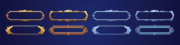 Lege rechthoekframes in middeleeuwse stijl voor game-ui-ontwerp. Vector cartoon set gebruikersinterface-elementen met gouden en zilveren rand met bladeren en edelstenen geïsoleerd op background