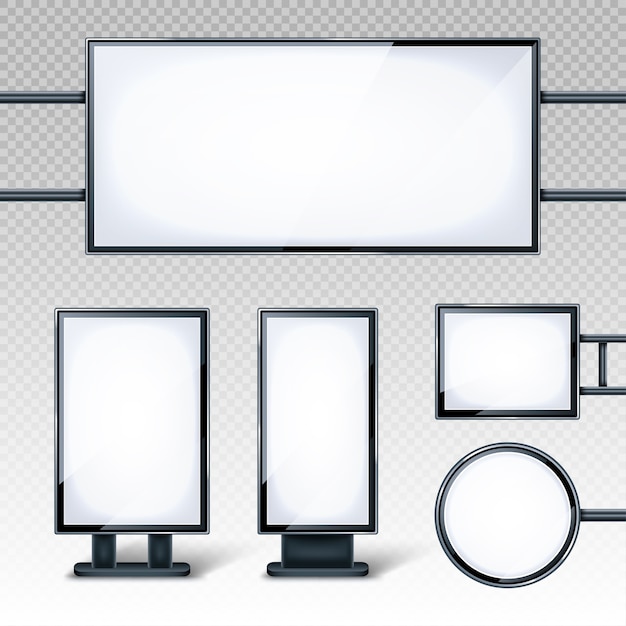 Gratis vector lege reclameborden, lege witte lcd-schermen of stands voor reclame. horizontale, verticale, ronde en rechthoekige blanco banners geïsoleerd op transparante achtergrond, realistische 3d-set