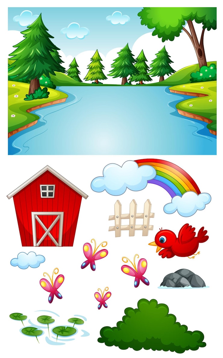Gratis Vector lege rivierscène met geïsoleerde stripfiguur en objecten