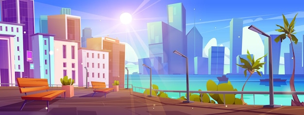 Gratis vector lege tropische stedelijke dijk stad skyline parkbank op straat in de buurt van rivier en centrum gebouw vector landschap resort aan zee in de stad met zonnestraal licht in hemel cartoon zomer achtergrond