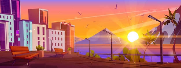 Gratis vector lege tropische stedelijke dijk zonsondergang berg skyline stadspark bankje op straat in de buurt van rivier en stad gebouw vector landschap resort aan zee met zonnestraal licht oranje hemel cartoon achtergrond