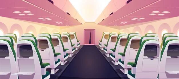 Lege vliegtuigcabine met stoelen, digitale schermen