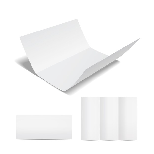 Lege witte brochure of flyer-sjabloon met een driebladige vel papier in het open gesloten en gedeeltelijk open formaat op een wit voor uw marketing en reclame
