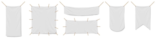 Lege witte vinyl banners vlaggen en wimpels sjabloon Mockup van lege stof reclameposters Vector realistische set van horizontale en verticale canvas slingers en wimpels opknoping met touwen