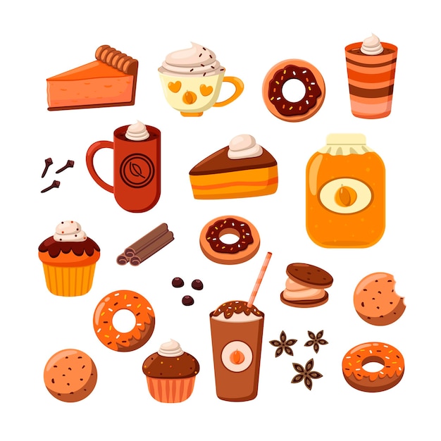 Lekkere desserts en koffie cartoon afbeelding set. pompoen en chocoladetaart, donut en muffins. hete frappe, herfst en halloween-drankjes met kruiden geïsoleerd op een witte achtergrond. eten, drinken concept